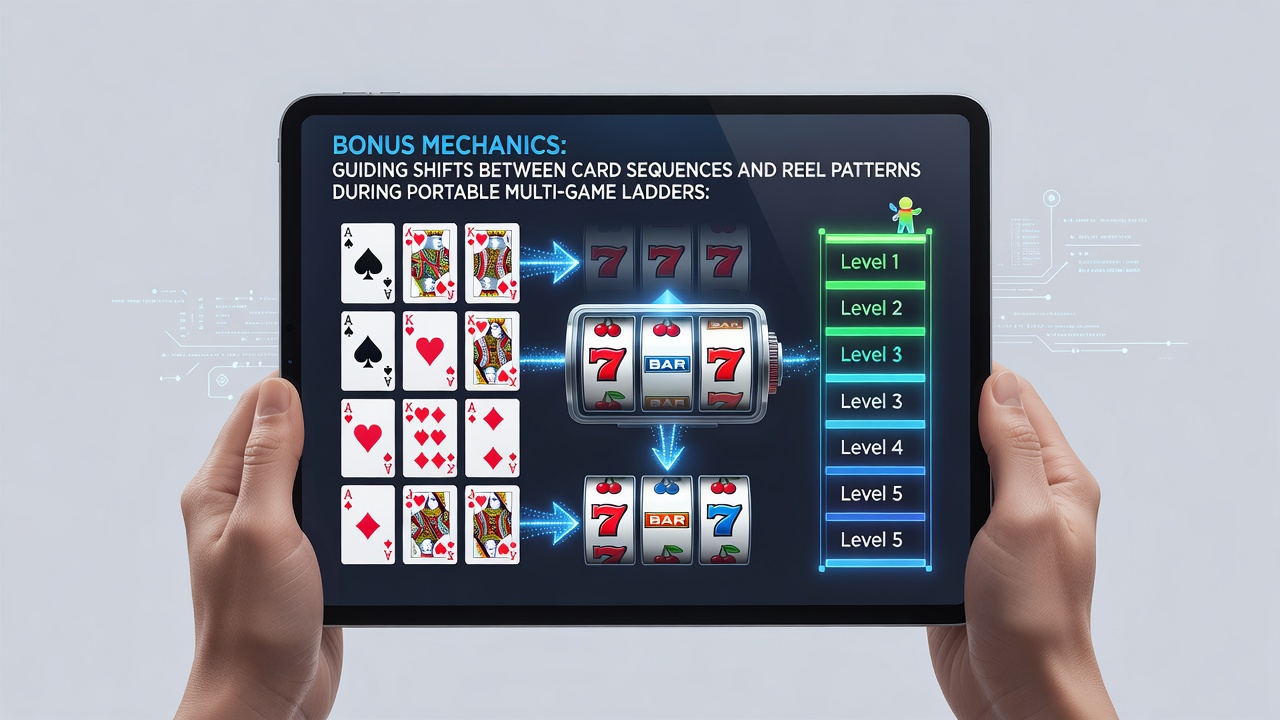 Mobile multi-game ladder interface showing transitions from card sequences to reel patterns triggered by bonus activations