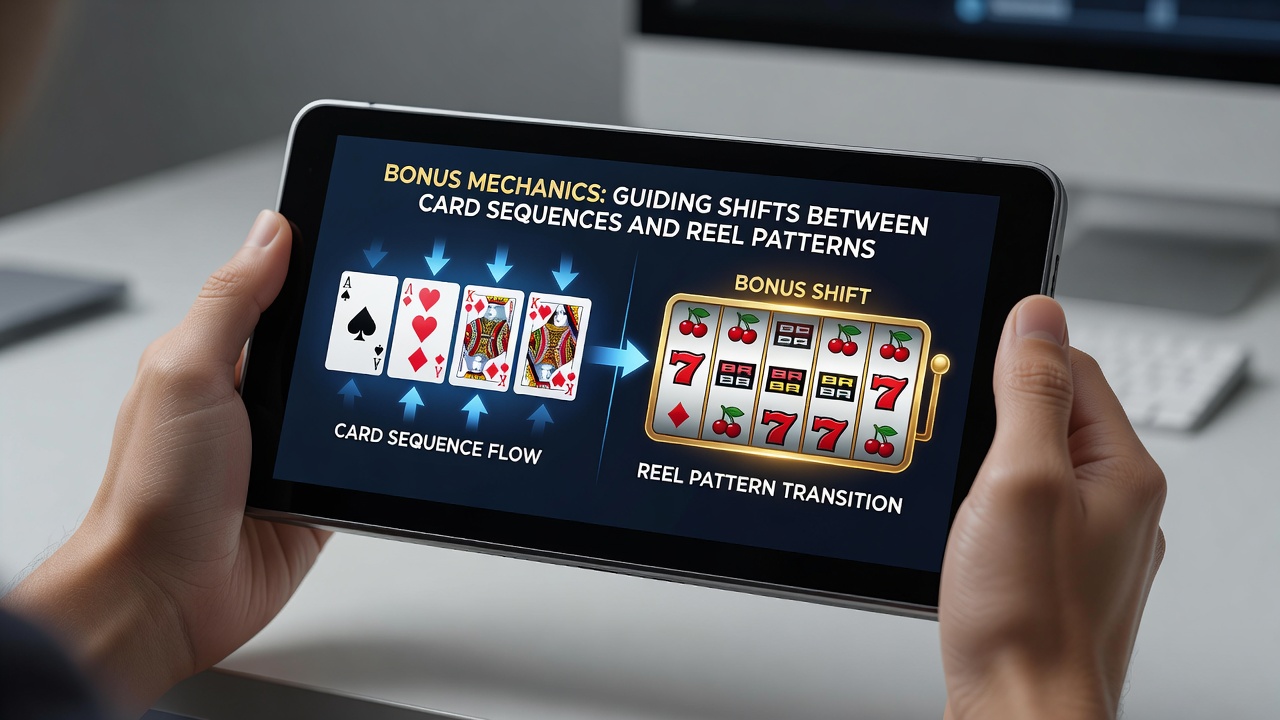 Close-up of bonus meter tracking card sequences converting into reel pattern multipliers on a smartphone screen