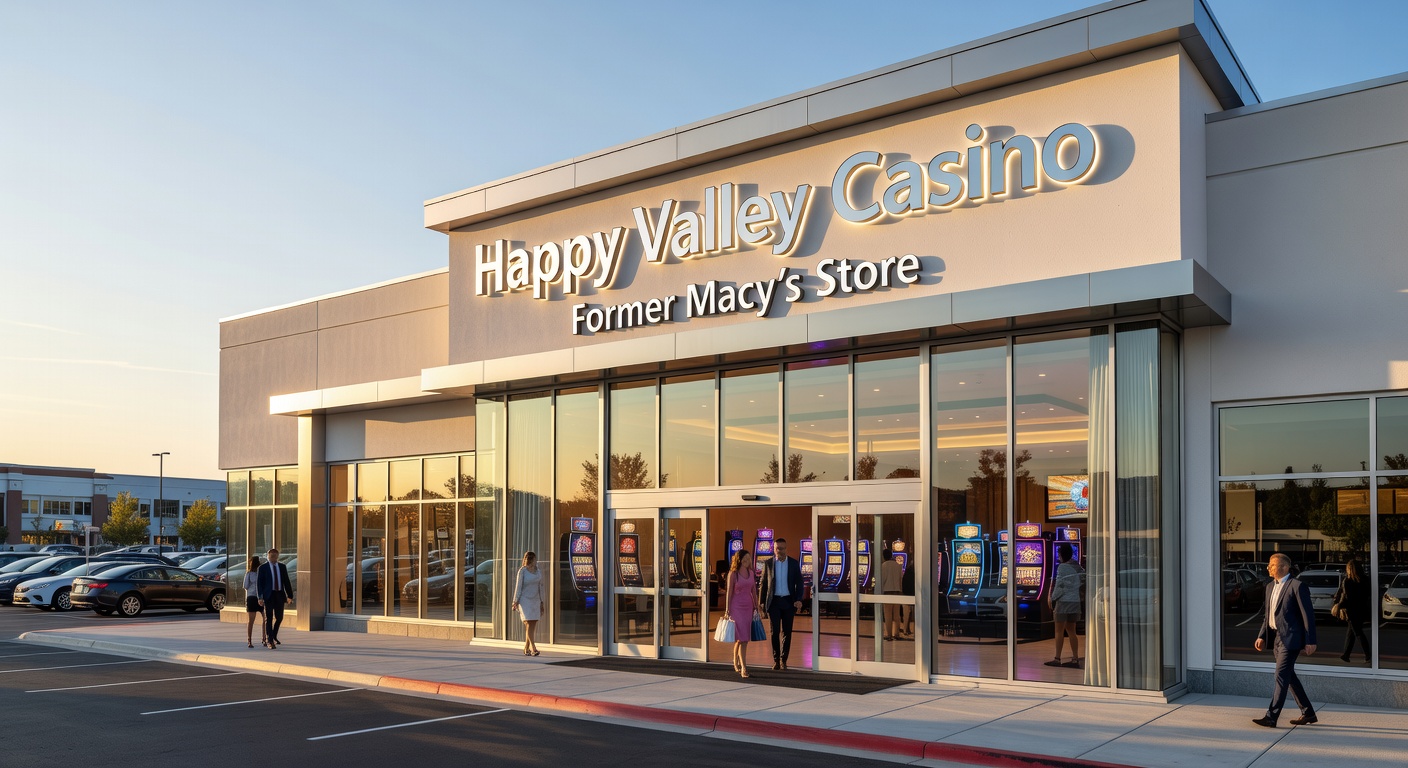Artist's rendering of the Happy Valley Casino interior, showcasing slot machines, table games, and dining areas amid modern decor