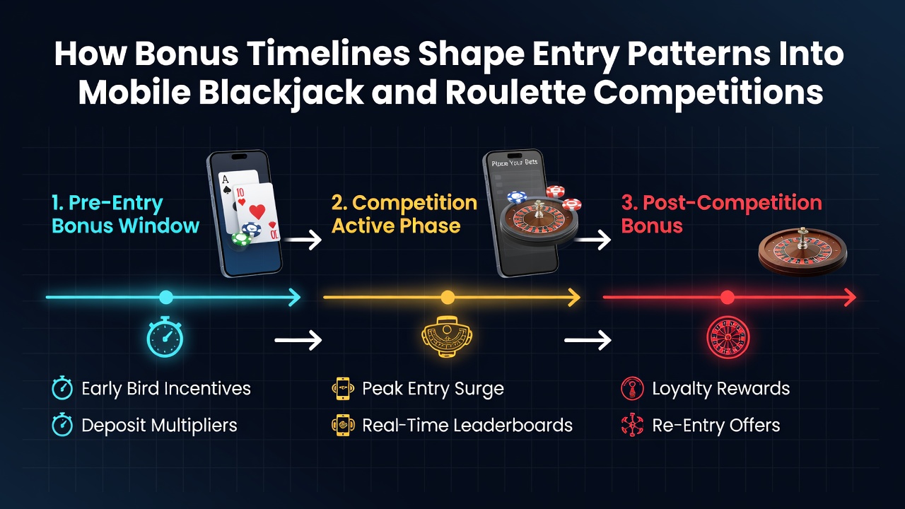 Mobile blackjack and roulette tournament interface showing bonus timeline indicators on a smartphone screen