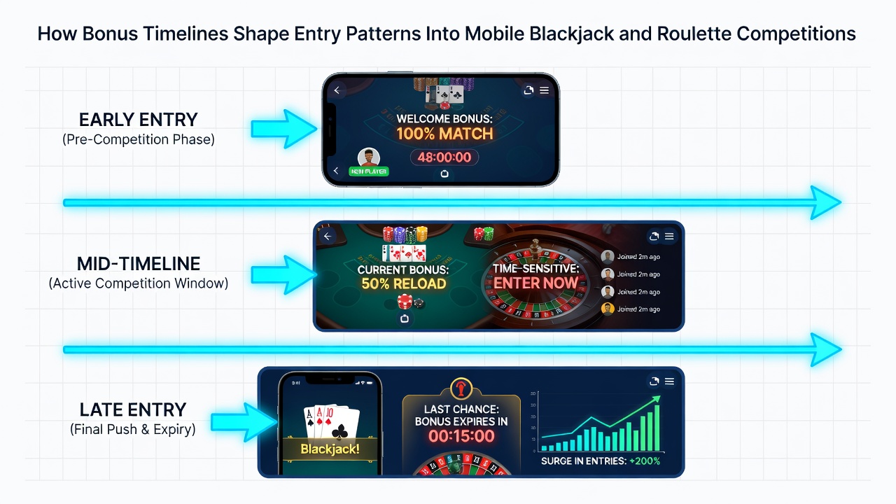 Roulette wheel interface on mobile device with active bonus countdown timer during a tournament session