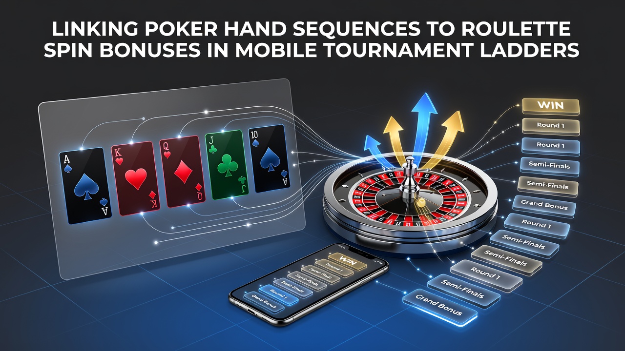 Mobile tournament ladder interface showing poker hands transitioning into roulette bonus rounds