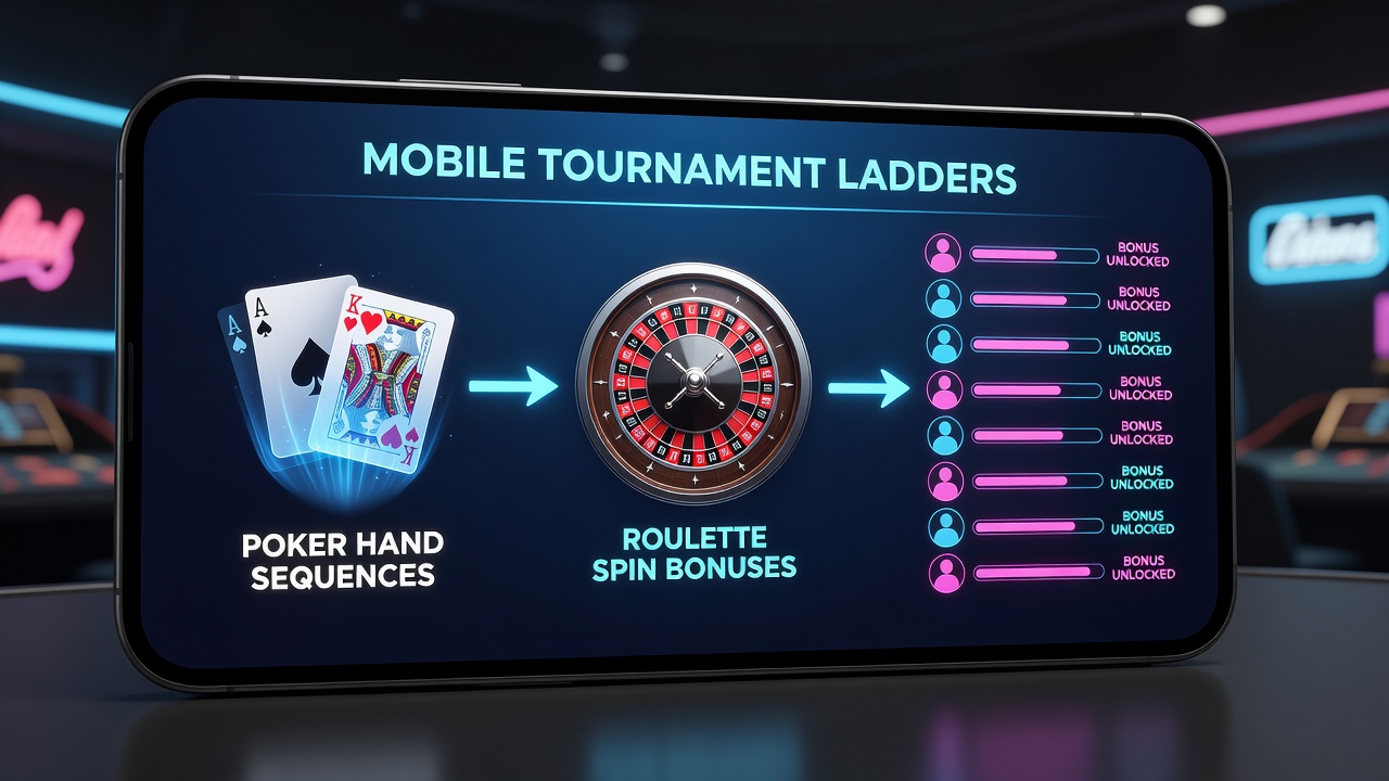 Tournament progression chart illustrating poker hand milestones unlocking roulette bonuses