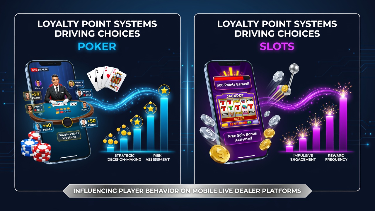 Split-screen view of mobile app displaying live poker table alongside slot reels with loyalty progress bar