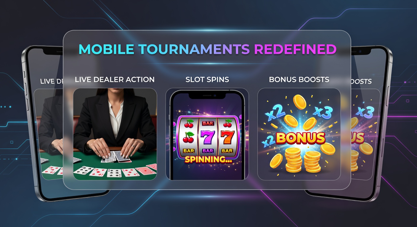 Dynamic slot tournament leaderboard on a mobile device, showing spinning reels, player rankings, and glowing bonus multipliers amid neon lights and jackpot counters