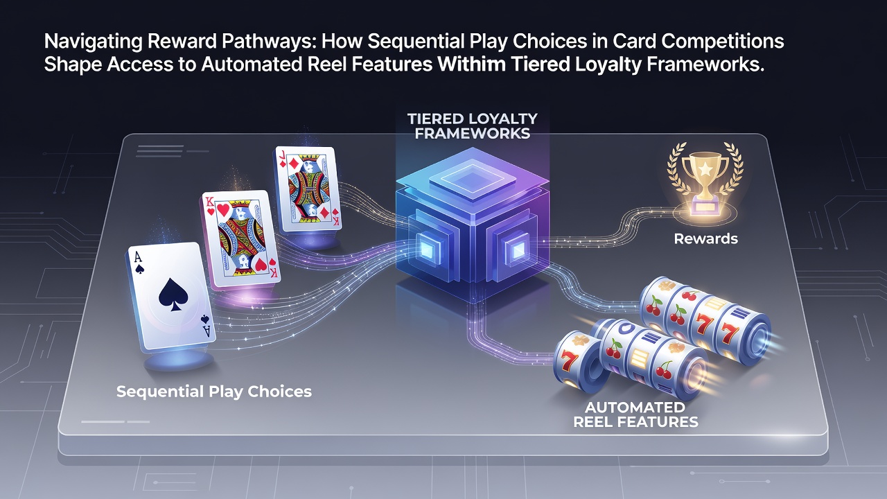 Casino floor showing card game tables transitioning to automated slot reel areas with loyalty program displays