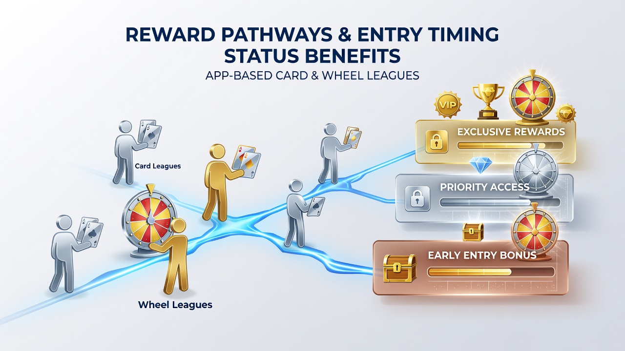 App interface showing reward tiers and tournament entry options for card and wheel games
