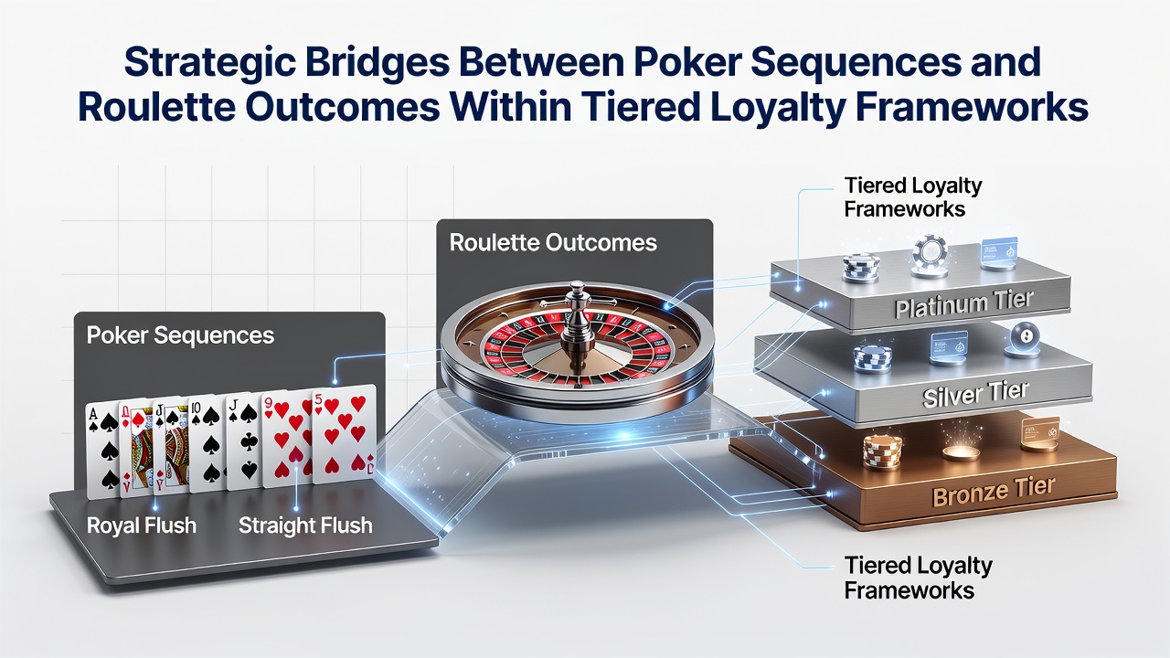 Tiered loyalty dashboard displaying poker hand sequences connected to roulette outcome bonuses