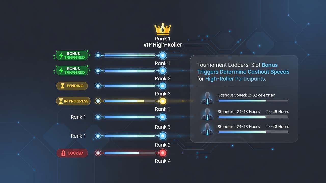 Tournament ladder interface displaying bonus trigger metrics and cashout priority indicators for high-roller accounts