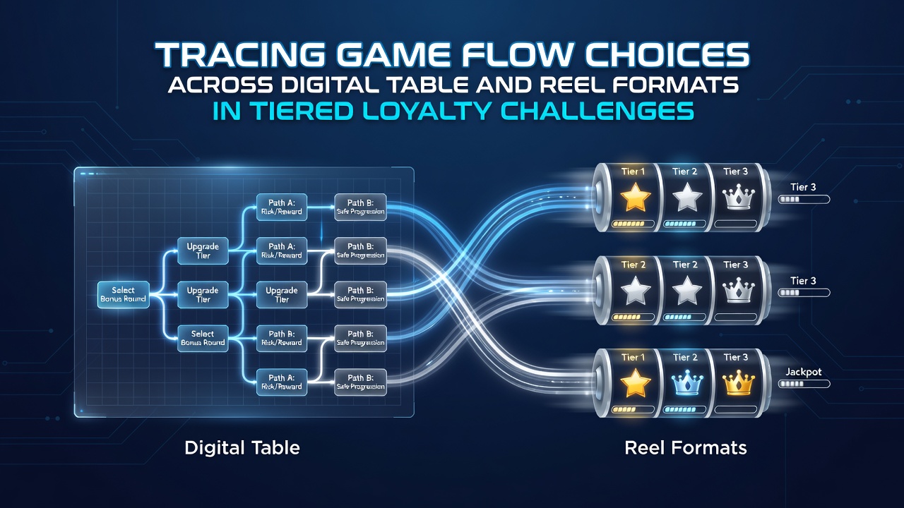 Digital interface showing loyalty tier progression alongside table games and slot reels in a casino app