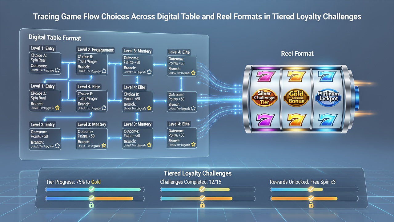 Split screen comparison of digital roulette table interface and multi-reel slot machine within a loyalty challenge dashboard