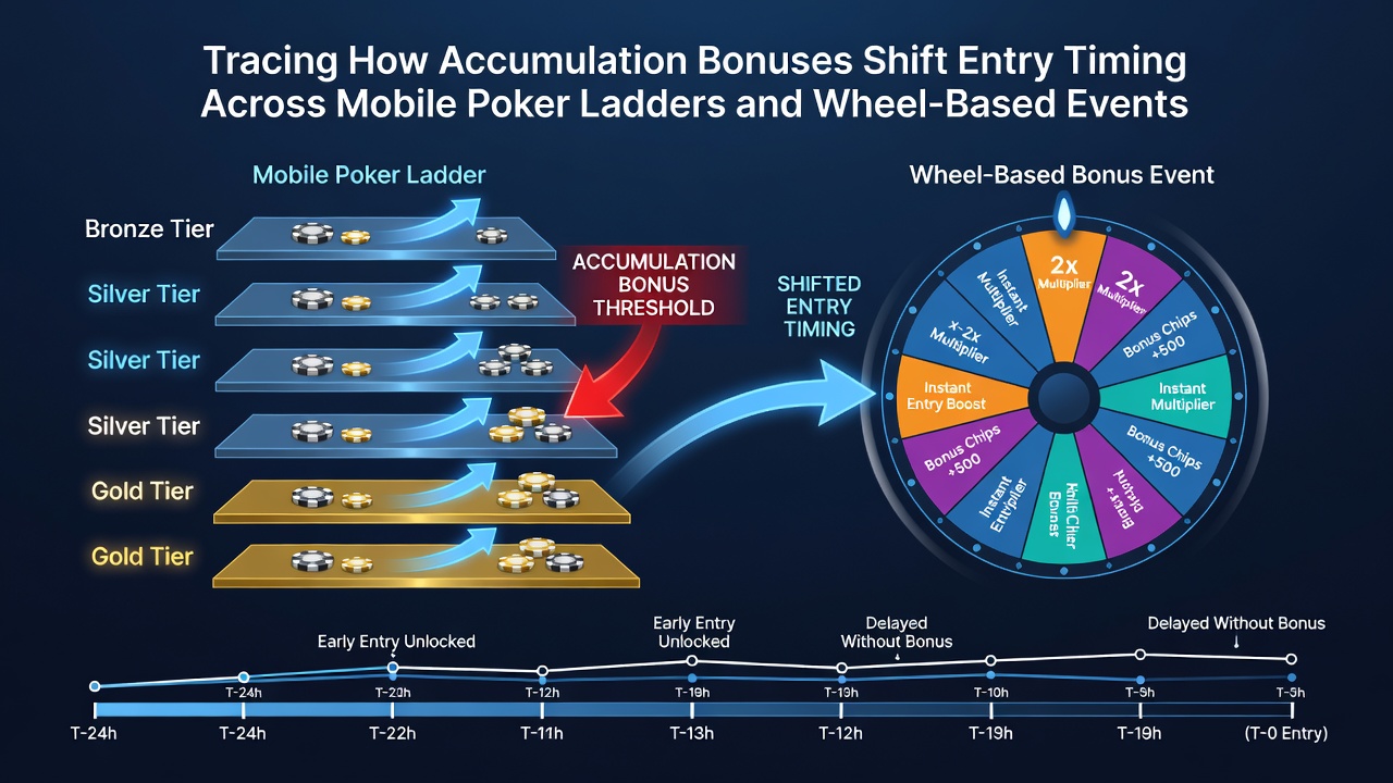 Wheel-based mobile tournament screen displaying accumulated bonus indicators and upcoming spin event timers